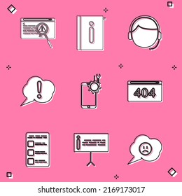 Set System bug concept, User manual, Man with headset, Speech bubble Exclamation, Mobile service, Page 404 error, Create account screen mobile and Information icon. Vector