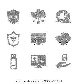 Set System bug in credit card, Create account screen, Lock hand, on cloud, USB flash drive, Shield with WiFi wireless,  and brick wall icon. Vector