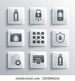 Set System bug in credit card, USB flash drive, Graphic password protection, Cancelled fingerprint,  and mobile icon. Vector