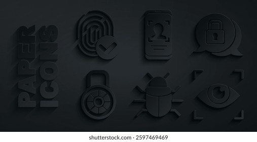 Set System bug, Cyber security, Safe combination lock, Eye scan, Mobile and face recognition and Fingerprint icon. Vector