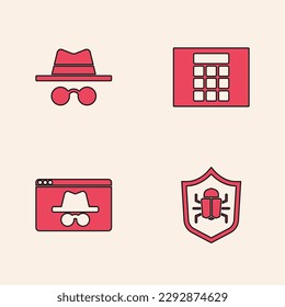 Set System bug, Incognito mode, Password protection and Browser incognito window icon. Vector