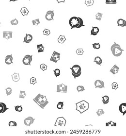 Set System bug, Incognito mode, Exclamation mark in triangle and Laptop protected with shield on seamless pattern. Vector