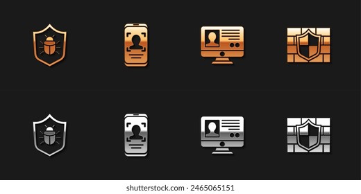 Set System bug, Mobile and face recognition, Create account screen and Shield with brick wall icon. Vector