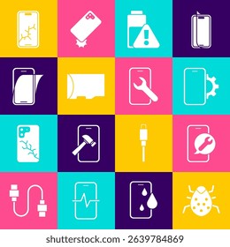 Set System bug, Mobile service, Phone repair, Smartphone battery charge, Micro SD memory card, Glass screen protector, with broken and  icon. Vector