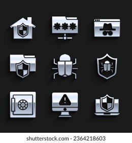 Set System bug, Monitor with exclamation mark, Laptop protected shield, Safe, Document folder protection, Browser incognito window and House under icon. Vector