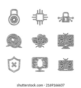 Set System bug on a cloud, monitor, Shield with cross mark, Eye scan, Cyber security and Safe combination lock icon. Vector
