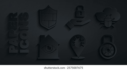 Set System bug, on a cloud, House with eye scan, Safe combination lock, Lock hand and Shield brick wall icon. Vector