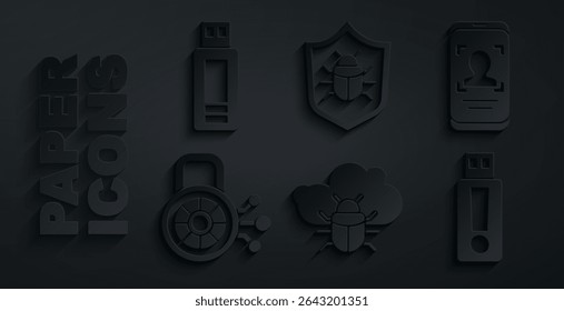 Set System bug on a cloud, Mobile and face recognition, Cyber security, USB flash drive,  and  icon. Vector