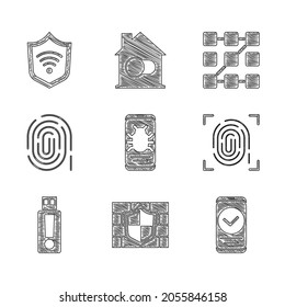 Set System bug on mobile, Shield with brick wall, Smartphone, Fingerprint, USB flash drive, Graphic password protection and WiFi wireless icon. Vector