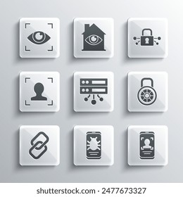 Set System bug on mobile, Mobile and face recognition, Safe combination lock, Server, Data, Web Hosting, Chain link, Face, Eye scan and Cyber security icon. Vector