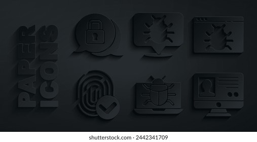 Set System bug on monitor, Fingerprint, Create account screen,  and Cyber security icon. Vector