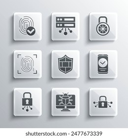 Set System bug on monitor, Cyber security, Smartphone, Shield with brick wall, Fingerprint,  and Safe combination lock icon. Vector