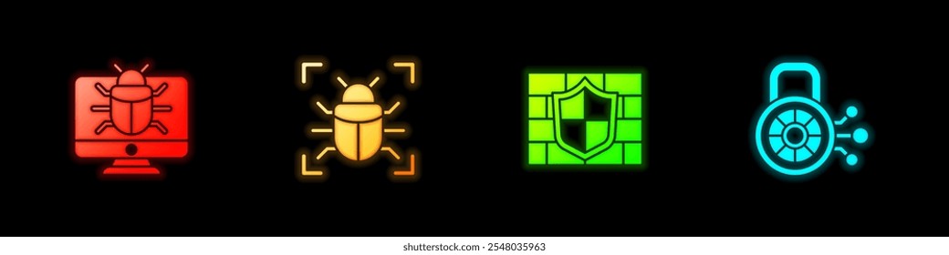 Set System bug on monitor, , Shield with brick wall and Cyber security icon. Vector