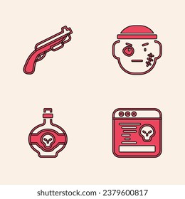 Set System bug, Police shotgun, Bandit and Poison in bottle icon. Vector