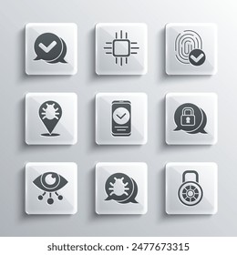 Set System bug, Safe combination lock, Cyber security, Smartphone, Eye scan, Check mark speech bubble and Fingerprint icon. Vector