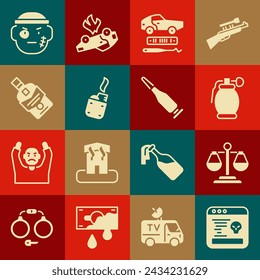 Set Systemfehler, Waagen der Gerechtigkeit, Handgranate, Autodiebstahl, Feuerzeug, Whiskey-Flasche, Bandit und Bullet-Symbol. Vektor