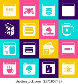 Set System bug, Search engine, Cup of tea with tea bag, Server, Data, Web Hosting, MySQL code, Computer, Page 404 error and Cloud technology data transfer icon. Vector