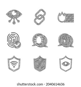 Set System bug, Shield with brick wall, and eye, Cyber security, WiFi wireless, Fingerprint, Firewall, and Eye scan icon. Vector