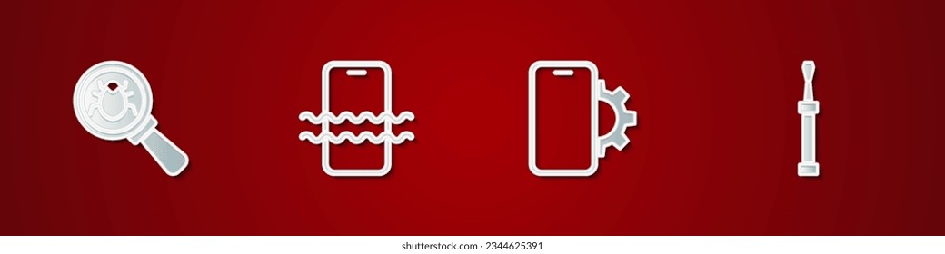 Set System bug, Waterproof phone, Phone repair service and Screwdriver icon. Vector