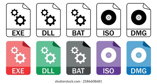 Set of system and executable file format icons (EXE, DLL, BAT, ISO, DMG) in outline and color styles. Ideal for software, IT, and development projects.