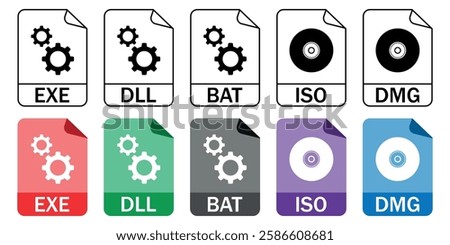 Set of system and executable file format icons (EXE, DLL, BAT, ISO, DMG) in outline and color styles. Ideal for software, IT, and development projects.