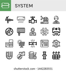 Set of system icons such as Data, Pipe, Air conditioner, Valve, Observatory, Officer, Mars, Water hose, Human organs, Server, Refrigerator, Solar energy, Broken pipe , system