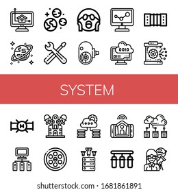 Set of system icons. Such as Home control, Uranus, Planets, Tools, Shocked, Amateur camera, Data, Cloud computing, Harmonic, Database, Pipe, Server, Engine, Drainage , system icons