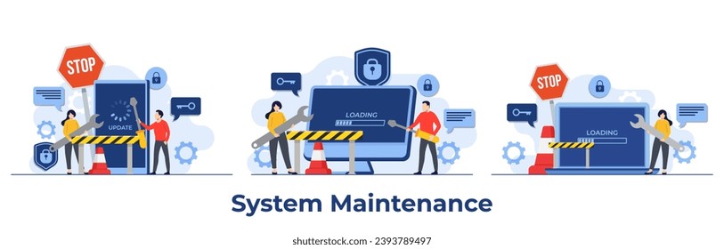 Set of system maintenance vector illustration, Error, Fixing trouble, Device updating, Software system under maintenance, Software upgrade process on devices, People update operation system