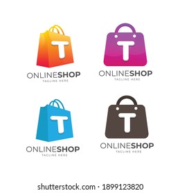 set of T letter gradation logo design templates and shopping bags, logo designs for online shop
