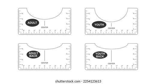 Set of t shirt alignment guides. Adult and youth size front and back templates. Rulers for centering clothing design. Sewing measurement tool with markup and inches numbers for print and cut.