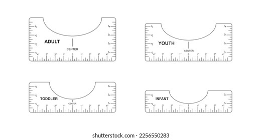 Set of t shirt alignment guides. Adult, youth, toddler, infant size templates. Rulers for centering clothing design. Sewing measurement tools with markup and numbers. Inches calibration