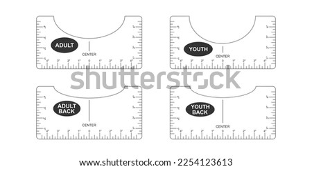 Set of t shirt alignment guides. Adult and youth size front and back templates. Rulers for centering clothing design. Sewing measurement tool with markup and inches numbers for print and cut.