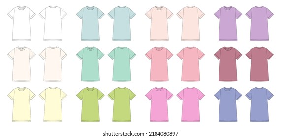 Set of t shirt dress in diffirent color. Chemise technical sketch collection. Nightdress for woman bundle. Sleepwear CAD mockup. Back and front view. Design for packaging, fashion catalog.