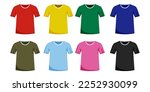 A set of T -shirts of different colors. Red, green, yellow, blue, blue, black. White background. ISOLATED. Vector Stock Illustration. Clothing for every day.