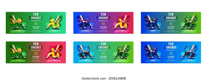 Set Of T20 Cricket Banner Or Header Design With Participating Countries Team On Abstract Gradient Background.