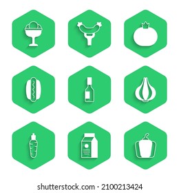 Set Tabasco sauce, aper package for milk, Bell pepper, Garlic, Carrot, Hotdog, Tomato and Ice cream in the bowl icon. Vector
