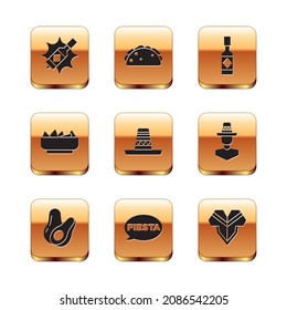 Set Tabasco sauce, Avocado fruit, Fiesta, Mexican sombrero, Nachos in bowl, Poncho and Taco with tortilla icon. Vector