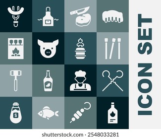 Set Tabasco sauce, BBQ skewers, Matches, Steak meat and knife, Pig, Matchbox matches, Sausage on the fork and Camping gas stove icon. Vector