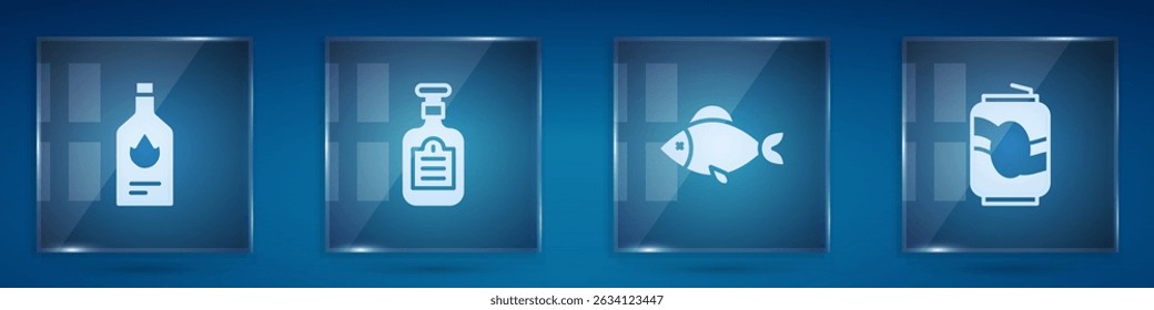 Set Tabasco sauce, Sauce bottle, Fish and Soda can. Square glass panels. Vector