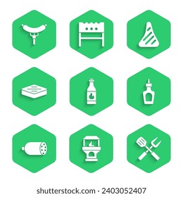 Set Tabasco sauce, Brick stove, Crossed fork and spatula, Sauce bottle, Salami sausage, Steak meat,  and Sausage on the icon. Vector