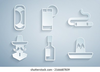 Set Tabasco sauce, Cigar, Mexican man sombrero, Tequila glass with lemon and Burrito icon. Vector
