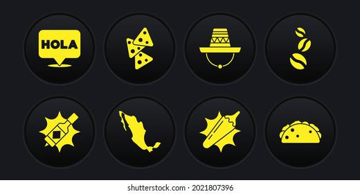 Set Tabasco sauce, Coffee beans, Map mexican, Hot chili pepper pod, Mexican sombrero, Nachos, Taco with tortilla and Hola icon. Vector