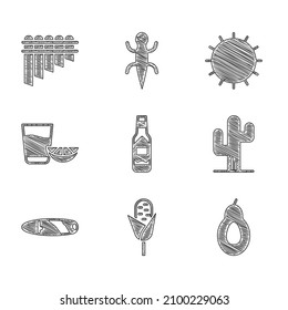 Set Tabasco sauce, Corn, Avocado, Cactus, Cigar, Tequila glass with lemon, Sun and Pan flute icon. Vector