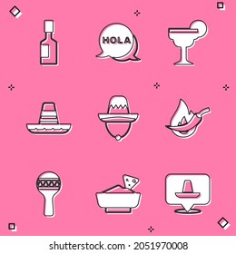 Set Tabasco sauce, Hola, Margarita cocktail, Mexican sombrero, Hot chili pepper pod, Maracas and Nachos in bowl icon. Vector