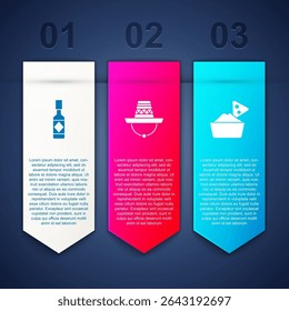 Set Tabasco sauce, Mexican sombrero and Nachos in bowl. Business infographic template. Vector