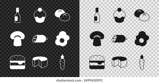 Conjunto de salsa tabasco, muffin, pan, hamburguesa, queso, zanahoria, champiñones y salchichas icono. Vector