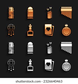 Ponga salsa de Tabasco, flauta de pan, botella de agua de Canteen, Cubierta de cartas de juego, Cojín de sueños con plumas, flechas de Quiver, icono de Cactus y Bullet. Vector