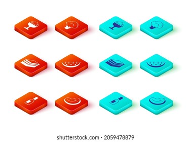 Set Tabasco sauce, Steak meat, Piece of cake, Watermelon, Broccoli and Ice cream in the bowl icon. Vector