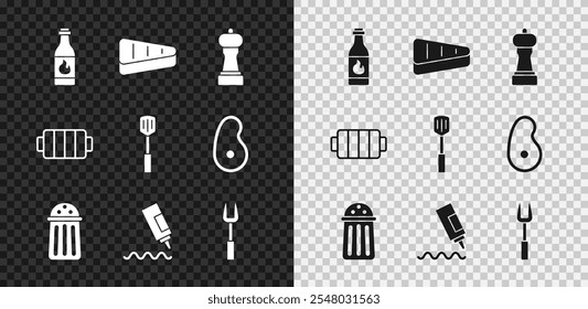 Conjunto de salsa tabasco, carne de bistec, pimienta, sal, botella de salsa, tenedor de barbacoa, parrilla y espátula icono. Vector