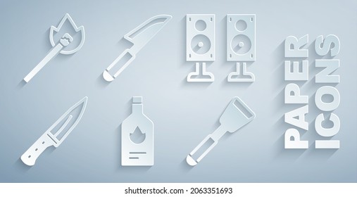 Set Tabasco sauce, Stereo speaker, Meat chopper, Spatula, Knife and Burning match with fire icon. Vector
